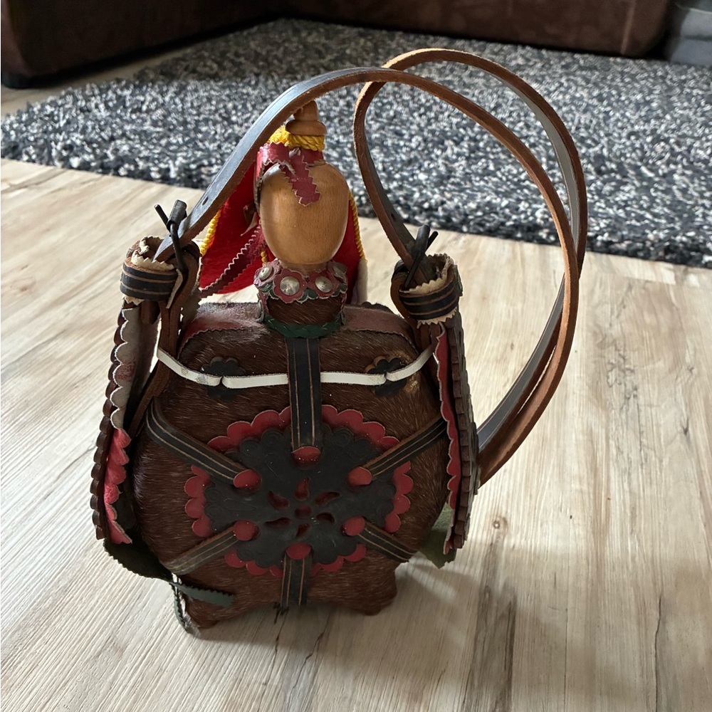 Vintage Hungarian Horse Hair Leather Flask Canteen Handmade Folk Art
